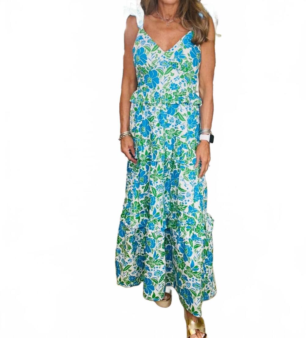 NEW SUGAR + LIPS women's bivore floral truth tiered maxi dress in white blues